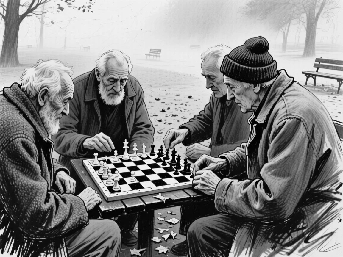 A group of elderly men playing chess in a park, with a gentle mist rolling through the background.