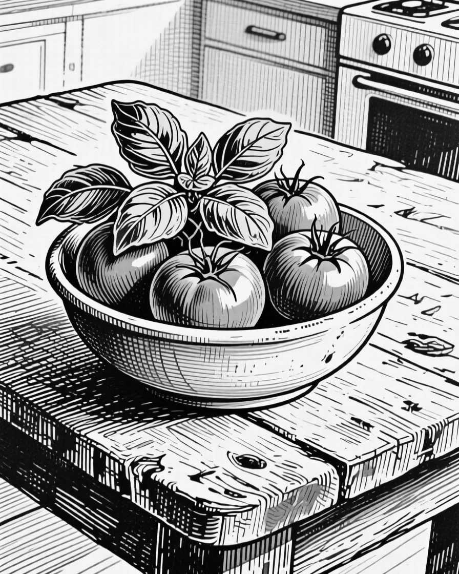 A bowl of ripe tomatoes and basil set on a farmhouse table, with the rich texture of the crust visible in detail, presented in a cozy and satisfying culinary still life.
