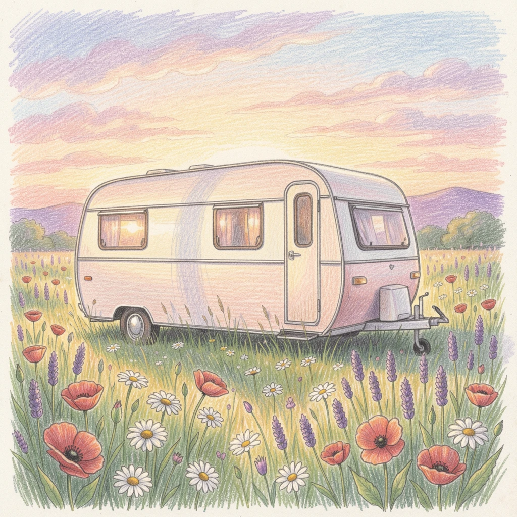 A vintage caravan parked beside a wildflower meadow at sunset, with a gentle play of light and shadow across the composition, celebrating a moment people would love to revisit.