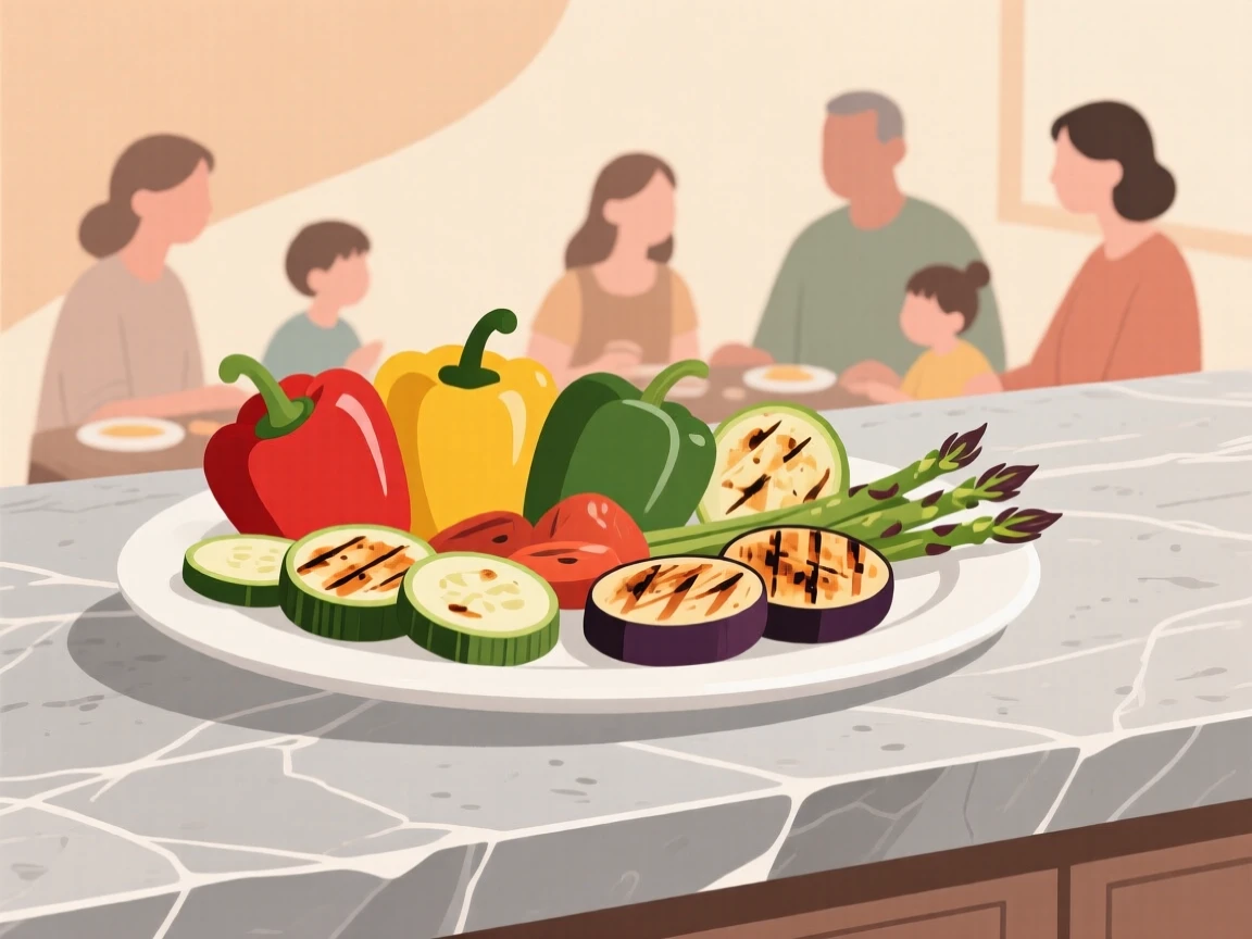 A platter of grilled vegetables beautifully displayed on a stone counter at a family gathering.