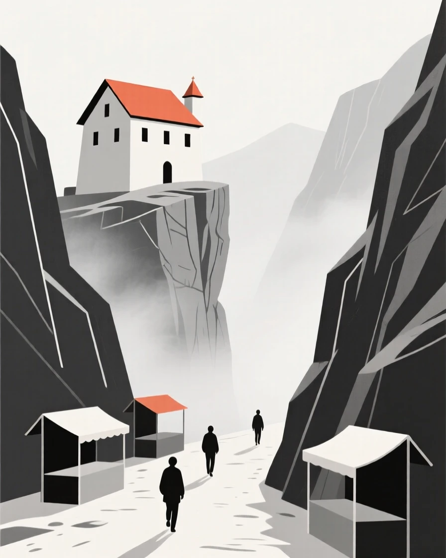 A journey through a misty mountain pass toward a cliffside monastery, passing a scattering of market stalls, full of adventurous excitement.