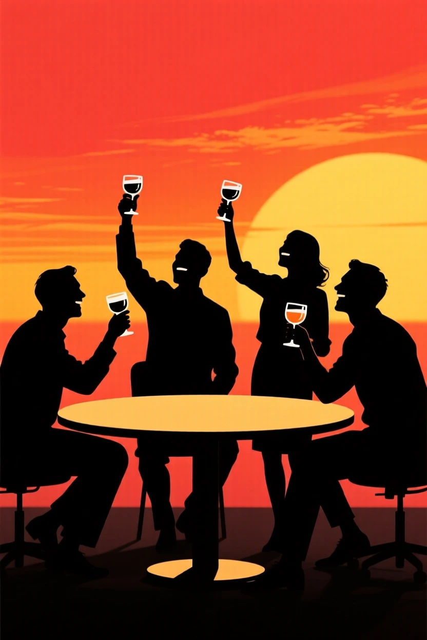 A group of coworkers celebrating around a table with drinks raised.
