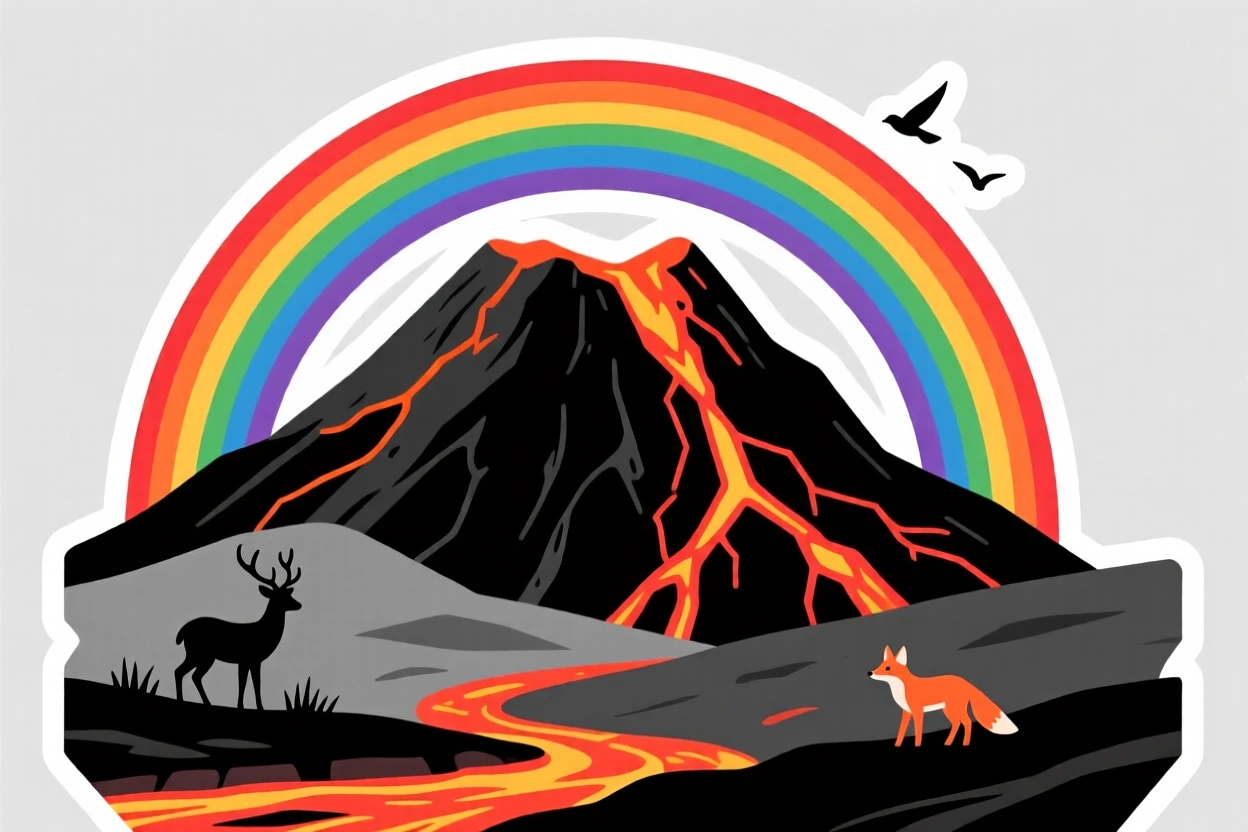 A majestic volcanic landscape with glowing lava cracks, framed by a gentle rainbow, where wildlife roams freely.