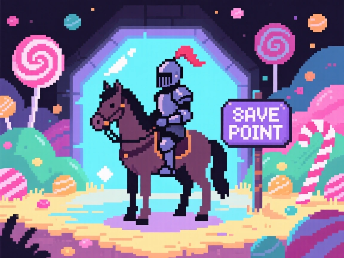 A mounted knight resting at a save point glowing softly in the dark, inside a candy-colored bonus level.