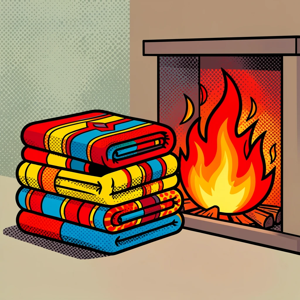 A stack of neatly folded blankets beside a crackling fireplace