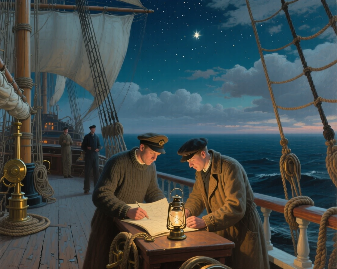 A broad landscape view of sailors charting a course by starlight on the deck of a tall ship, in the 1940s, beneath drifting clouds.