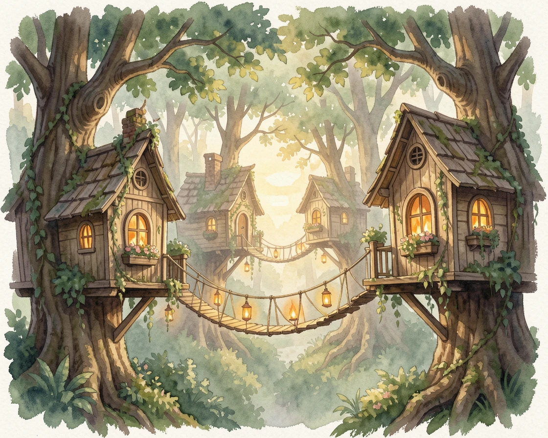 A magical treehouse village connected by lantern-lit bridges.