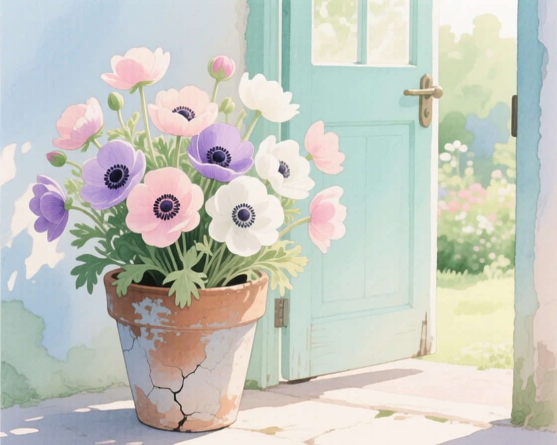 A bouquet of anemones in soft, layered tones fills a weathered clay pot beside an open garden door, petals catching the gentle light