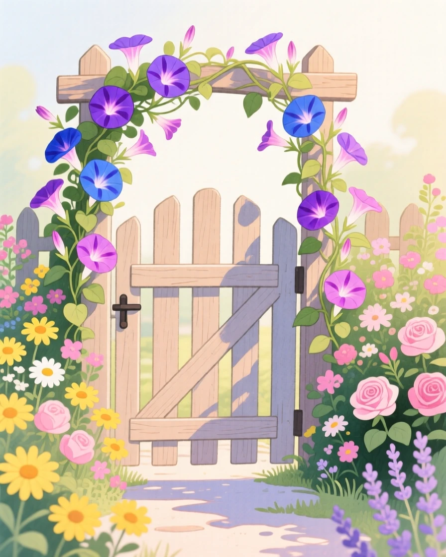 A garden gate covered in morning glories, framed by blooming flowers and soft afternoon light.