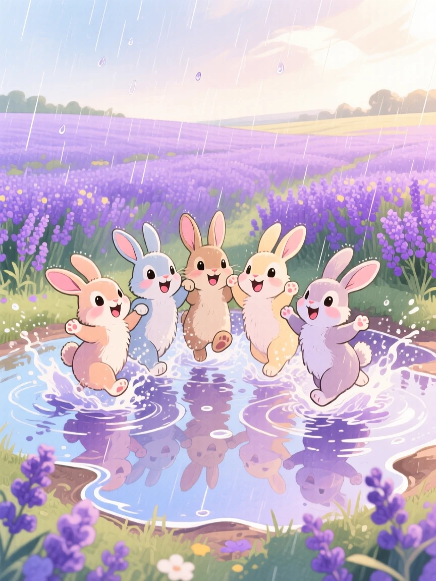 A group of bunny siblings splashing happily in a puddle after rain, set in a lavender field stretching to the horizon, showing unconditional love and loyalty.