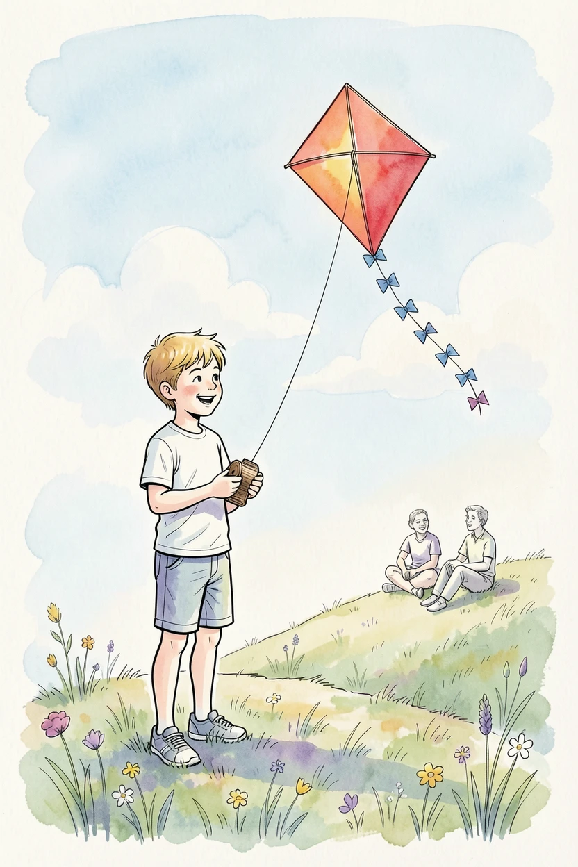 A young boy proudly flying his first kite on a breezy hilltop, an atmosphere of quiet joy and togetherness.