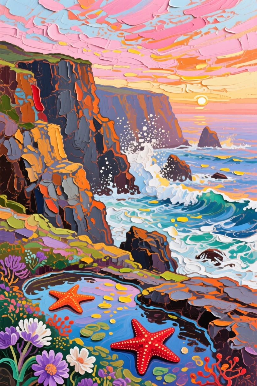 At sunrise, the sky streaked with soft pink and orange, a dramatic cliffside coastline, beside a cluster of tide pools full of starfish and anemones, sea spray catching the light above the crashing surf.