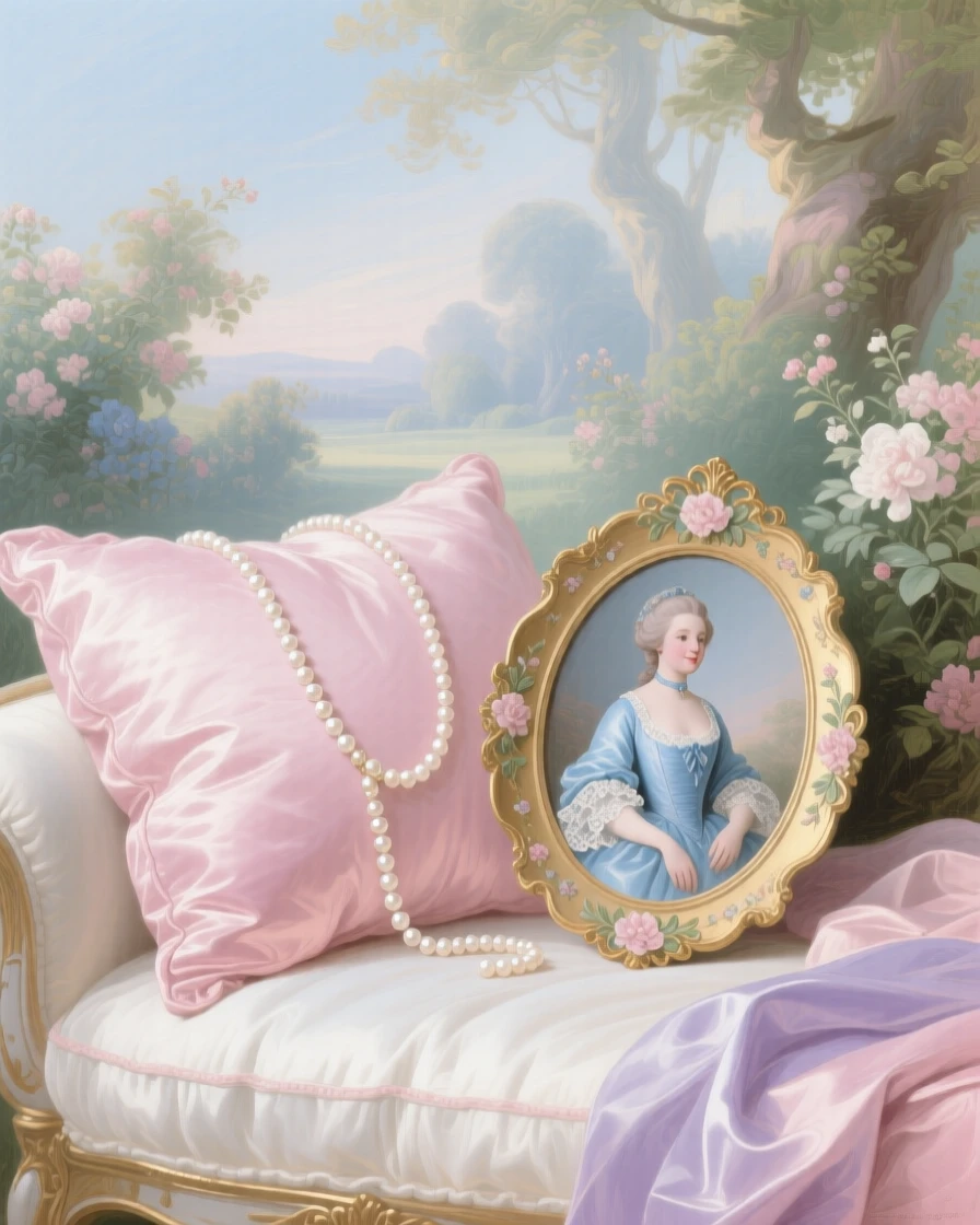 A pearl necklace draped over a satin cushion beside a miniature portrait  