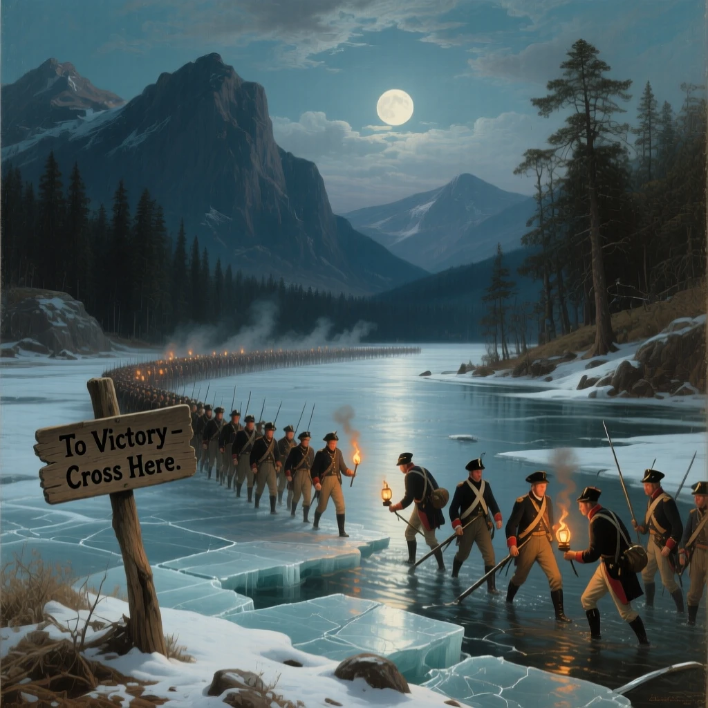 An army crosses a frozen river under cover of night.