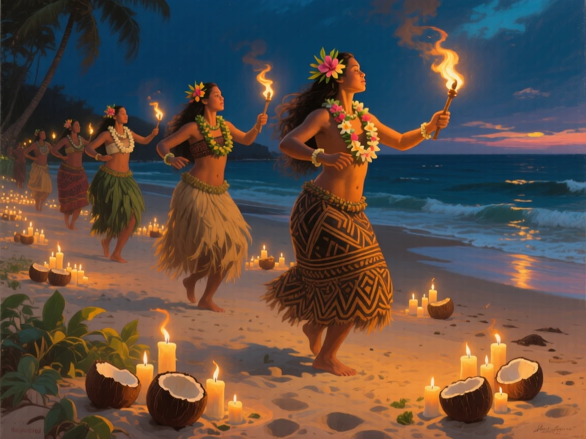 Native Hawaiian dancers performing hula on a torch-lit beach at dusk, as warm candlelight or torchlight fills the surrounding space, offering a vivid window into a fascinating moment of human history