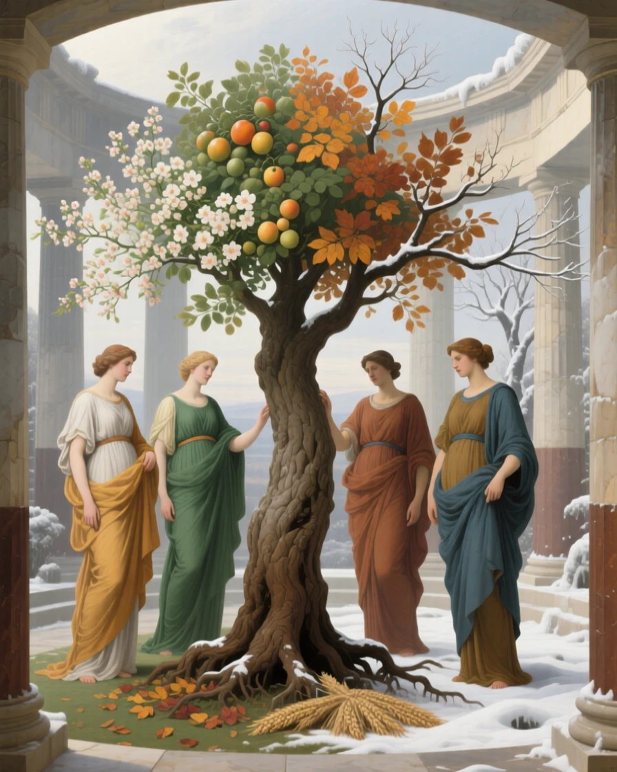 The allegory of the four seasons gathered around a central tree of life as unseen forces of fate quietly converge, set within a classical temple open to the heavens, with allegorical attendants representing virtues gathered nearby; the composition balances opposing symbolic elements on either side of the central figure, filled with quiet reverence for forces greater than ourselves.