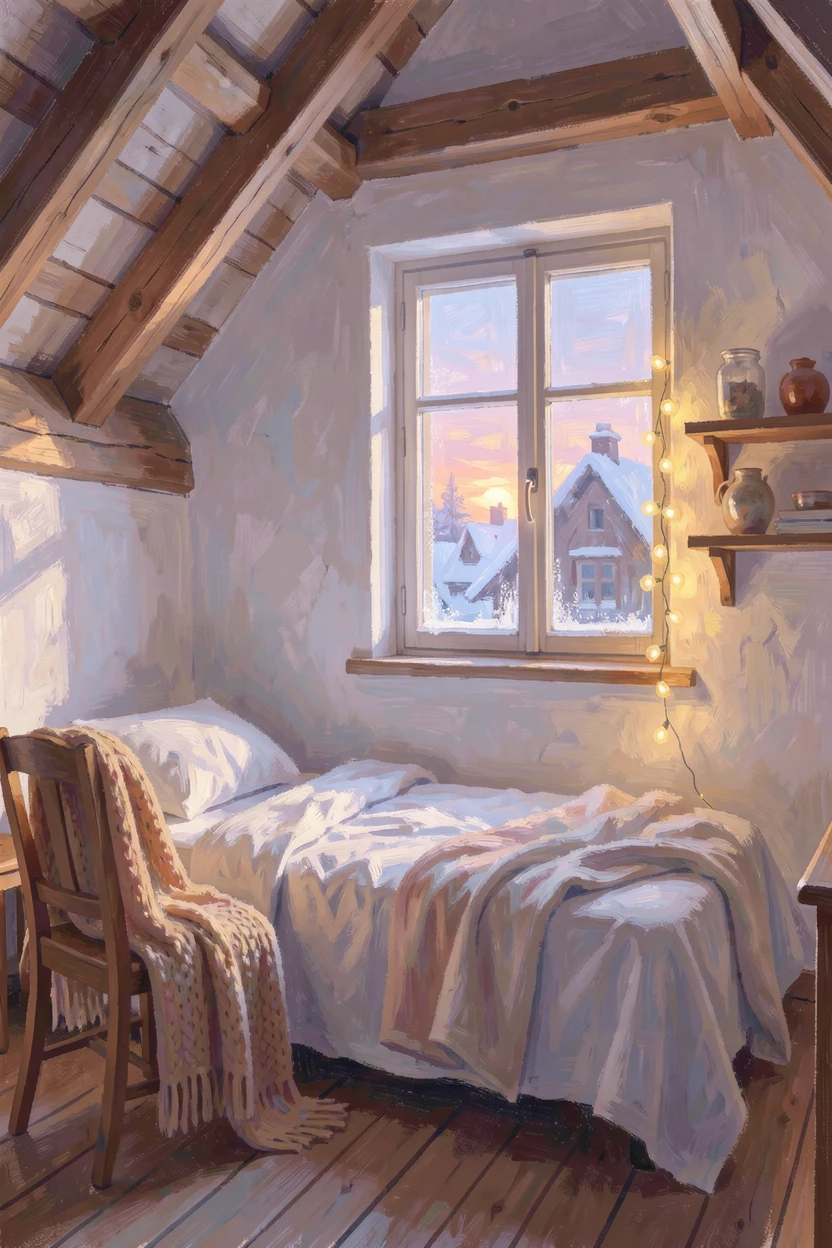 A cozy attic bedroom with a slanted window overlooking snow-covered rooftops at dusk, radiating joy and gentle celebration.