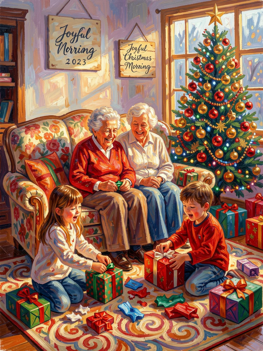 Grandparents watching their grandchildren open presents on a bright Christmas morning.