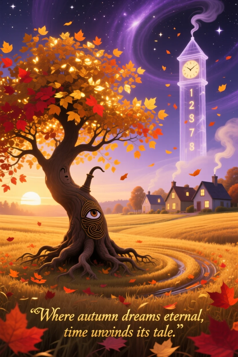 A golden autumn field swept by a slow spiral of falling leaves unfolds gradually above a small, sleeping village, while a single tree stands untouched at the center of it all.