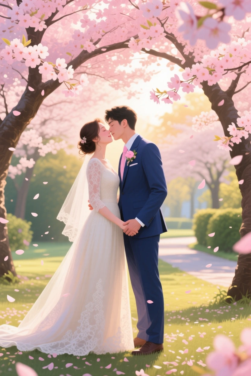 A newly married couple shares their first kiss beneath a canopy of cherry blossoms, pink petals drifting down around them, a sense of genuine, unguarded emotion captured in the small details of their expression.