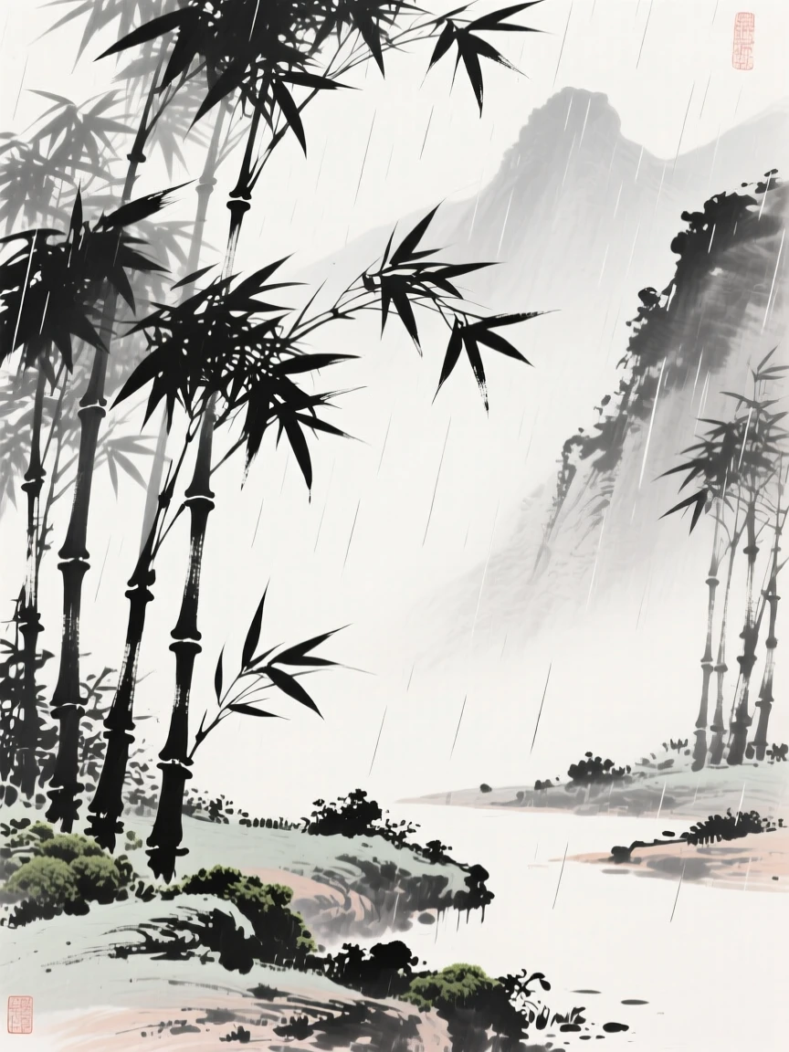 A grove of bamboo bends gracefully in a mountain breeze, as a light rain dampens the surrounding moss.