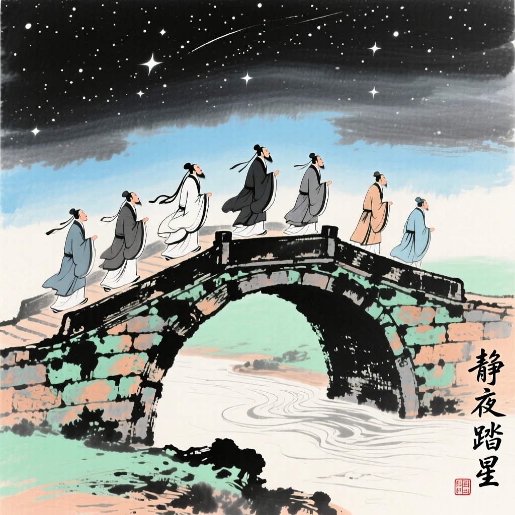 A procession of scholars crossing an ancient stone bridge in ceremonial robes, filled with tranquil stillness, under a sky full of stars.