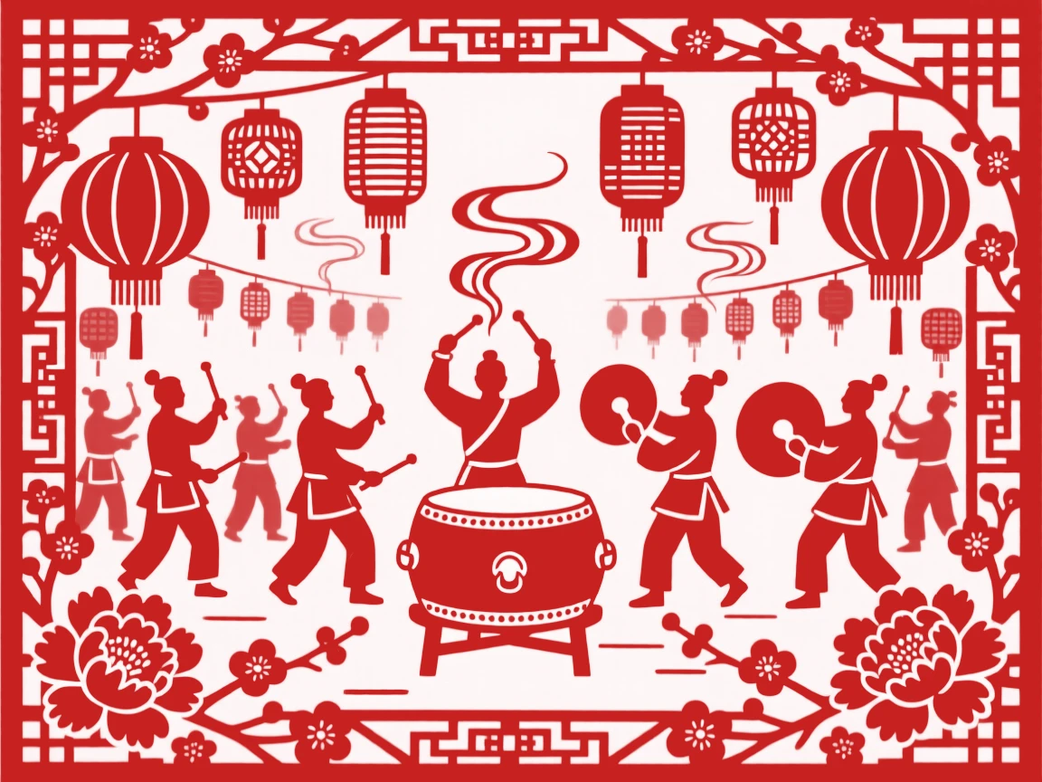A scene of a street parade with drums and cymbals, filled with the warm glow of hundreds of lanterns, with the scent of incense drifting through the air.