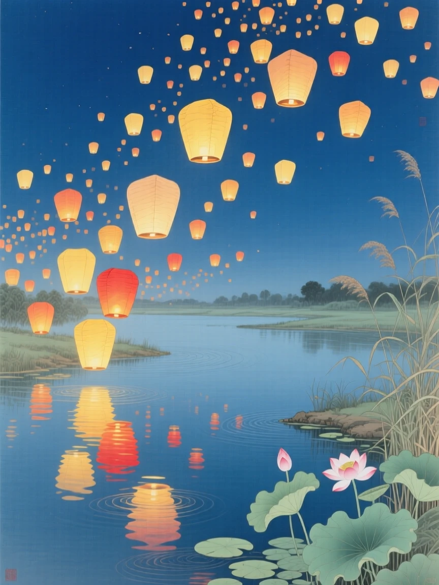 A night sky filled with hundreds of glowing sky lanterns rising over a river, reflected in the still water of a nearby pond