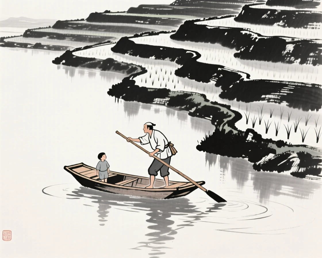 A woodcutter poling a small boat across still water beside a terraced rice field, captured mid-gesture in a candid, natural moment, carrying a tender sense of familial warmth.