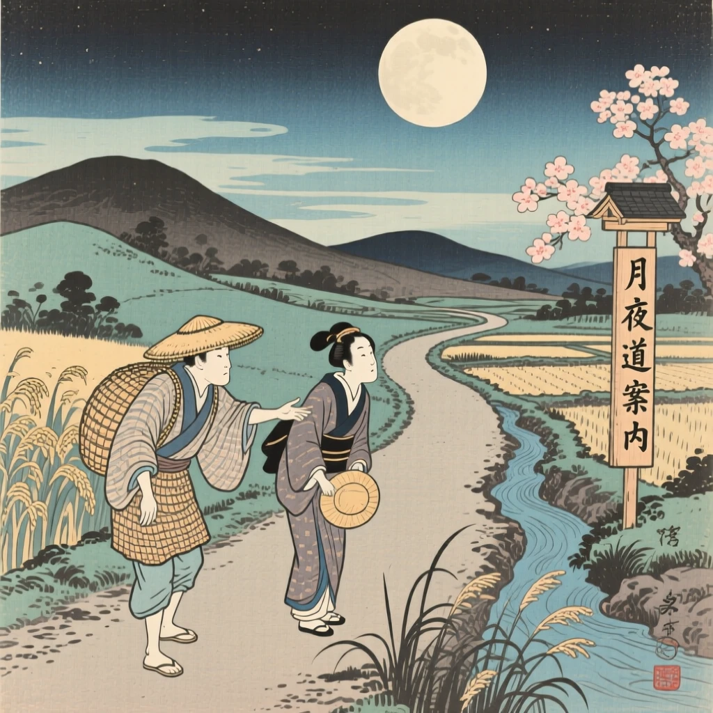 A resting farmer guiding a traveler along a moonlit road.