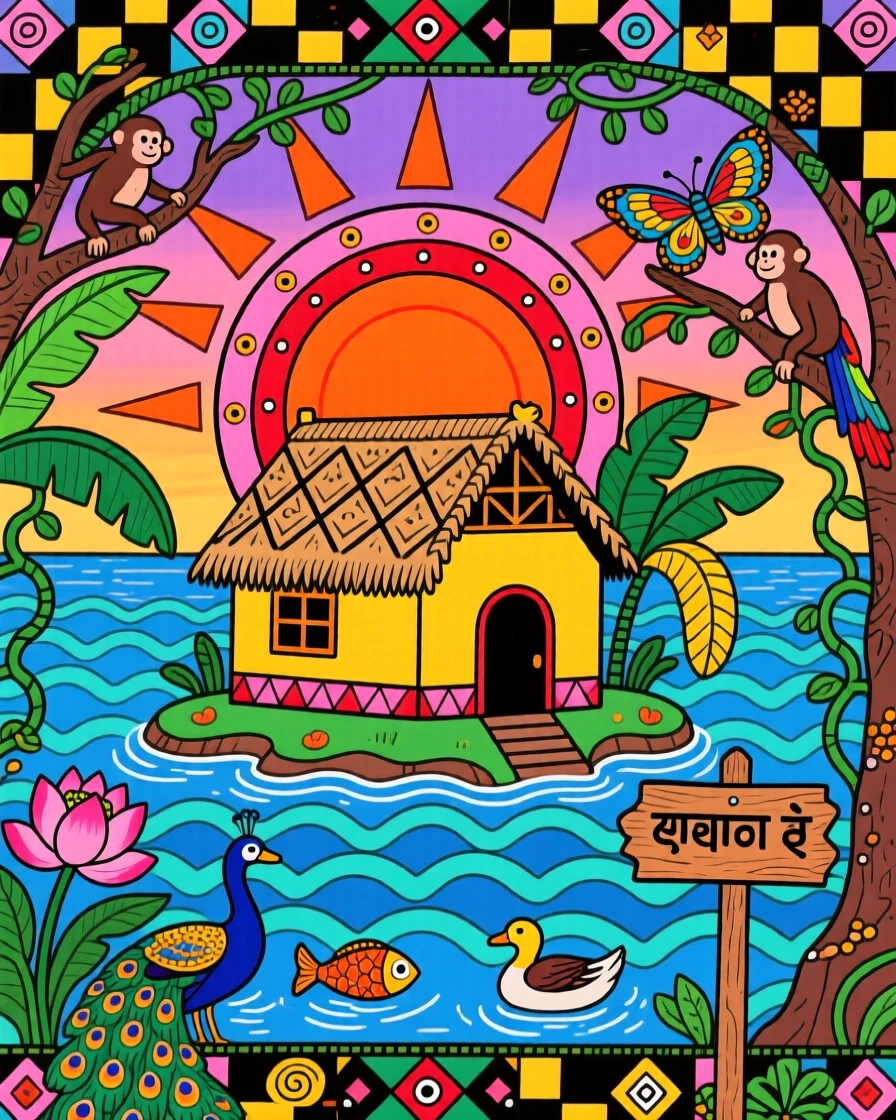 A thatched island cottage overlooking a lagoon at sunset.