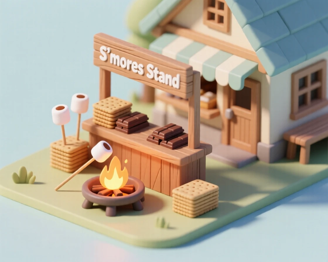 A charming s'mores stand at a campground store, marshmallows toasting over a small fire pit, graham crackers and chocolate stacked neatly.