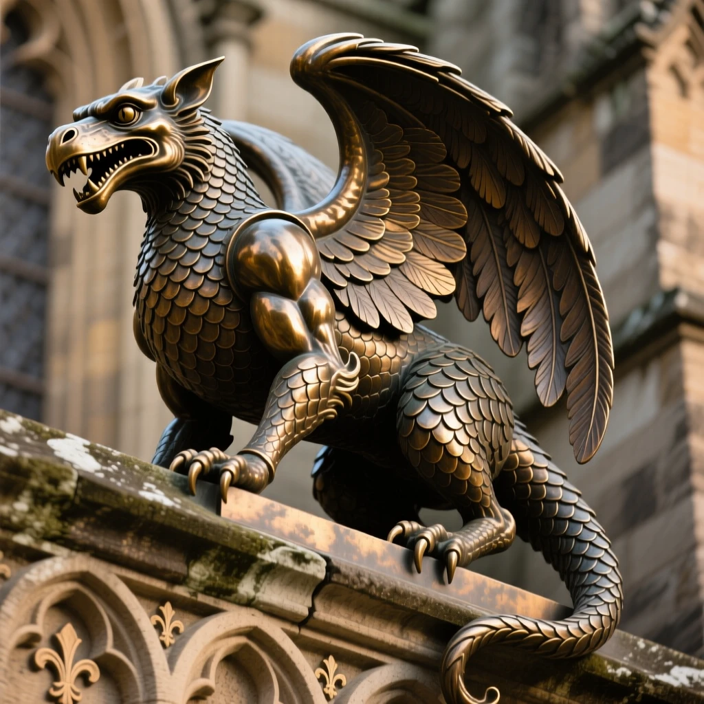 A guardian gargoyle perched on a cathedral, with intricate scale and feather detail, radiating awe and grandeur