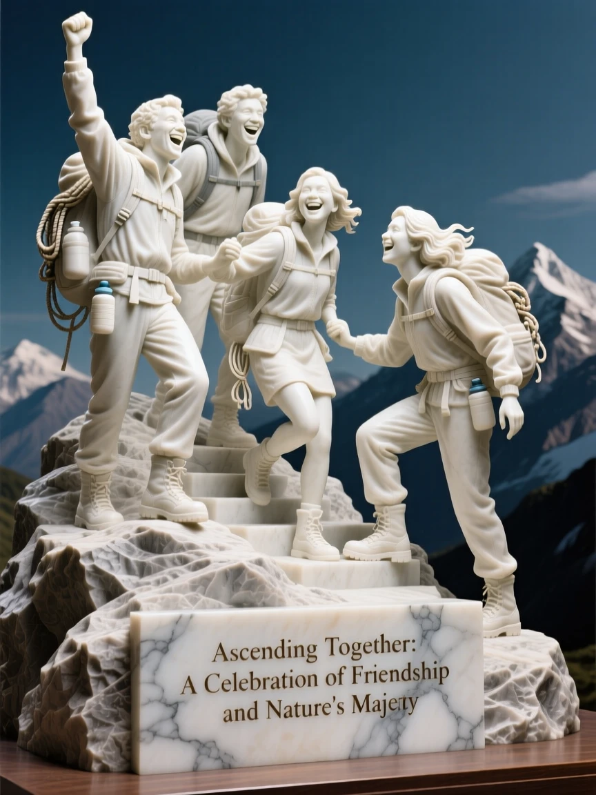 A heartwarming depiction of a group of friends hiking to a mountain summit, full of laughter and genuine connection