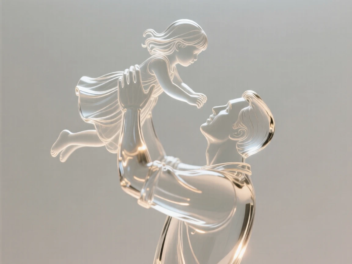 A father lifting his daughter into the air framed in a close, intimate composition, soft rim light outlining the silhouette, evoking warmth and connection.