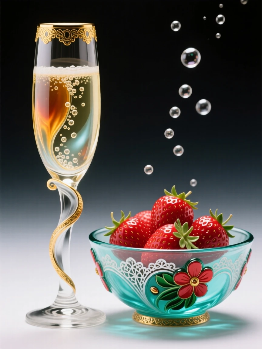 A glass of champagne with bubbles rising beside a bowl of fresh strawberries, celebratory and elegant.