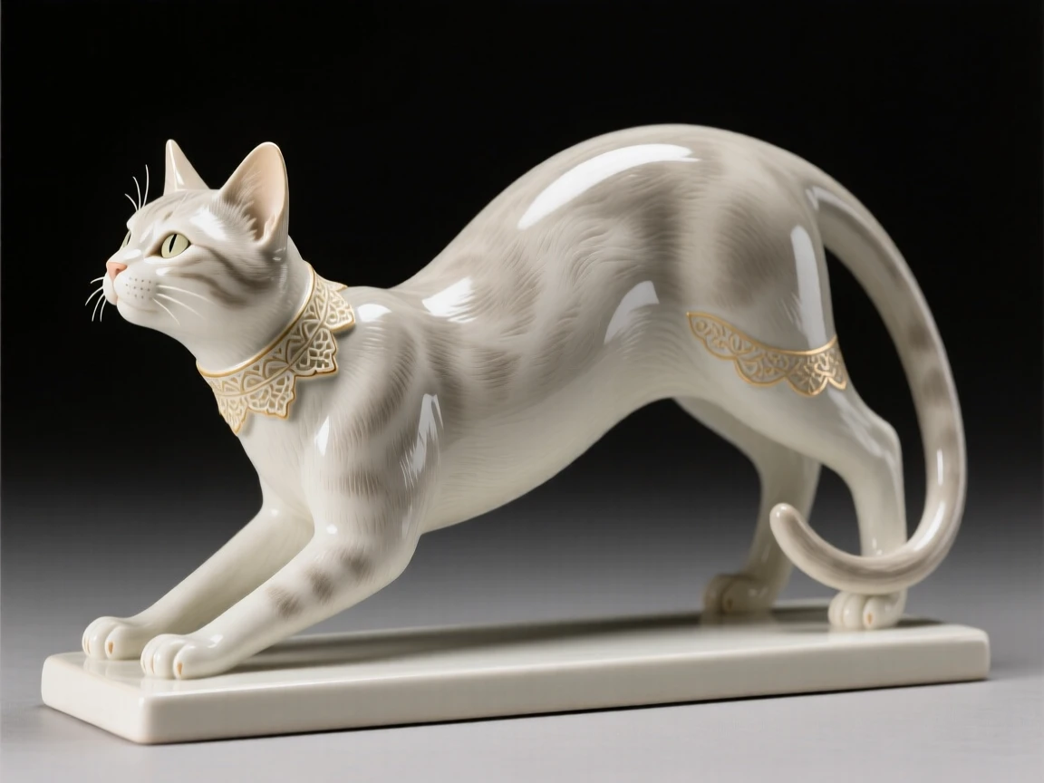 An elegant cat statuette poised mid-stretch standing as an elegant focal point, highlighted by delicate embellishments, stirring a sense of understated opulence.
