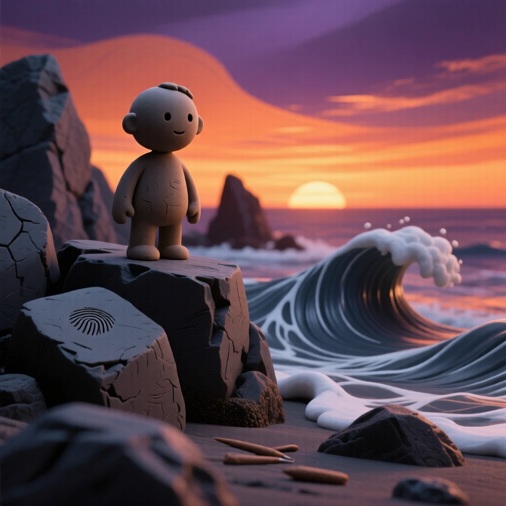 A dramatic coastal sunset with waves crashing against dark rocks