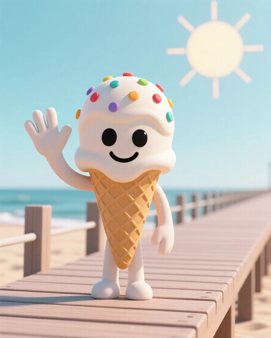 A cheerful ice cream cone character with sprinkle freckles waves happily from a sunny beach boardwalk.