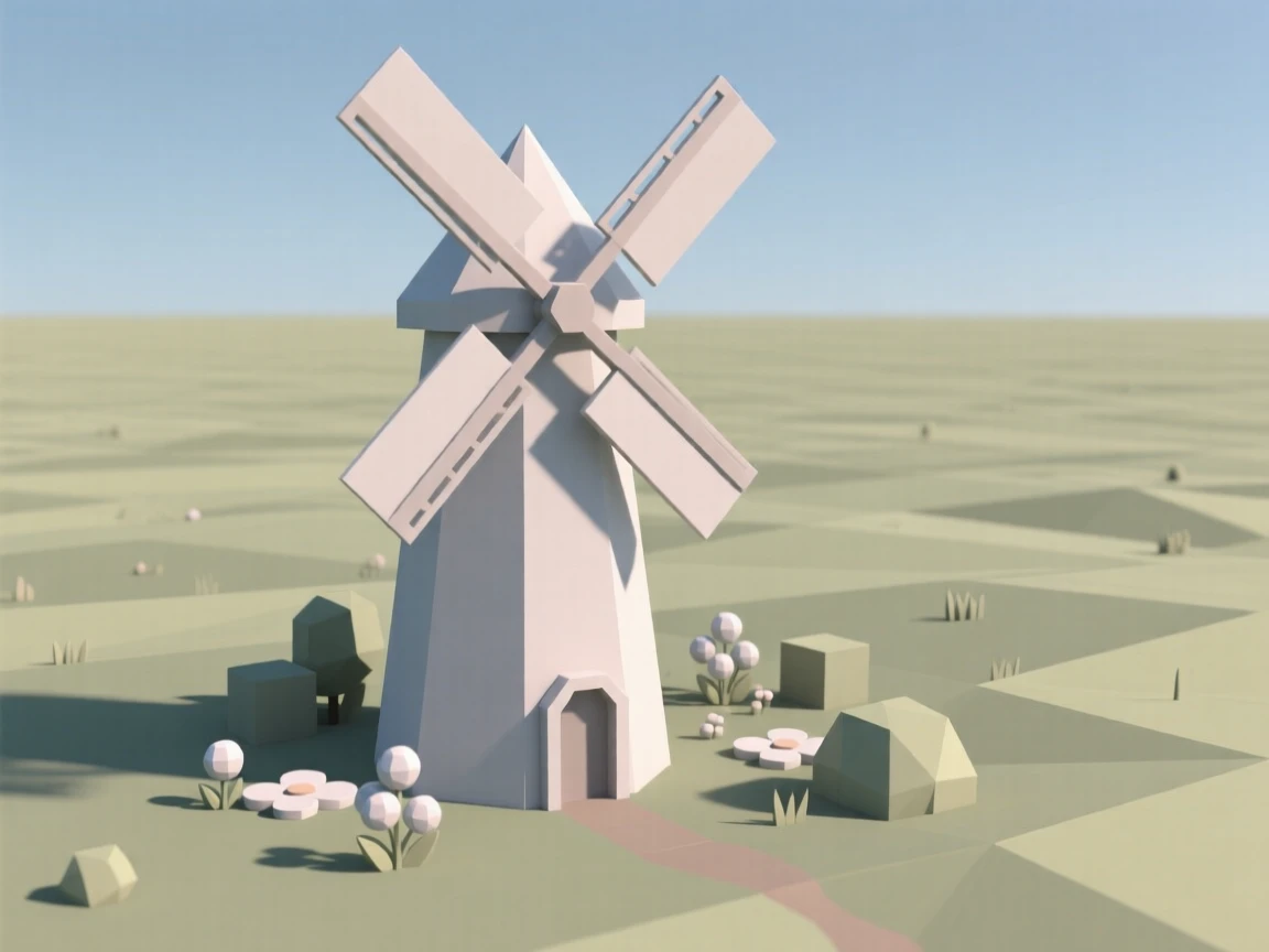A traditional windmill standing in a green field, surrounded by blooming spring gardens. vibrant color accents contrast against neutral stone. A quiet grandeur fills the setting.