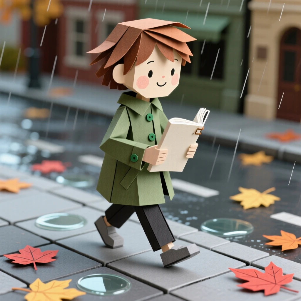 A young artist strolling along a rain-soaked city street, with autumn leaves drifting past, conveying nostalgia and gentle happiness.