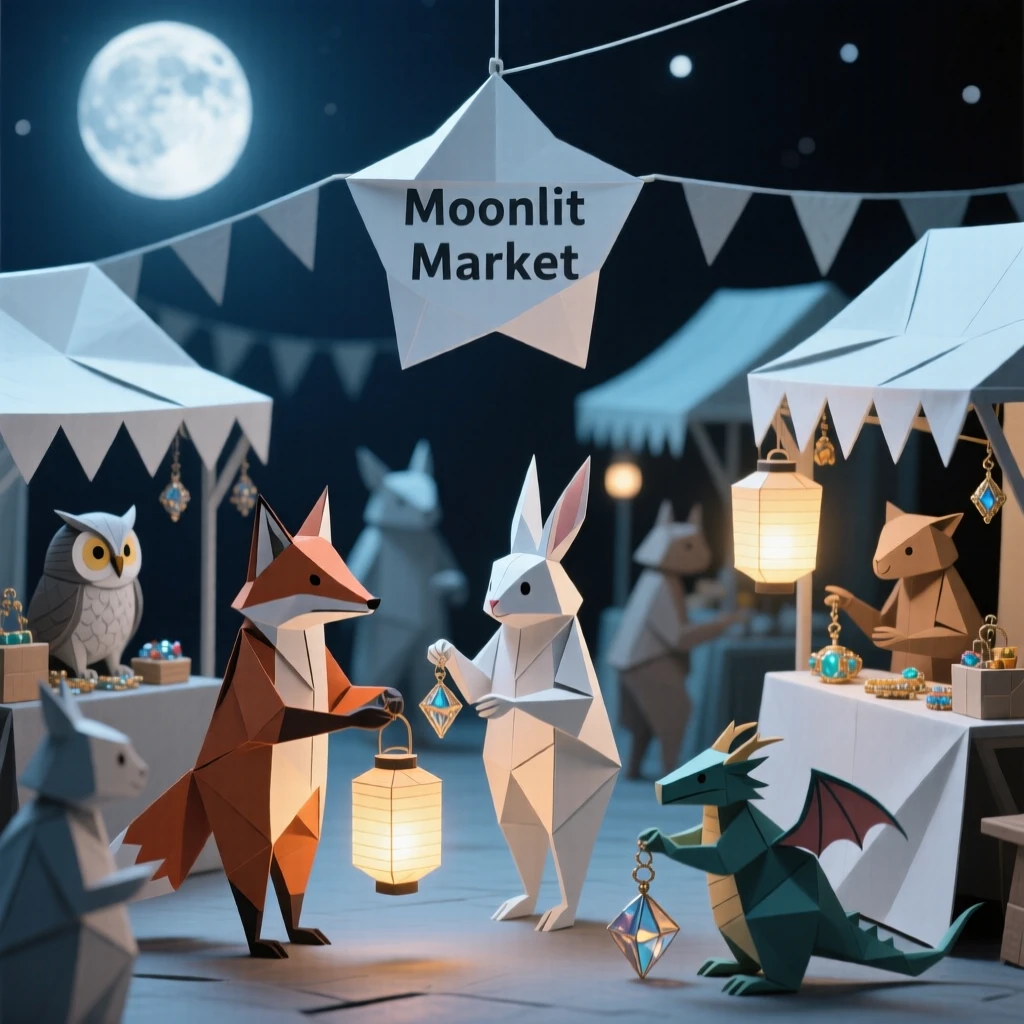 A moonlit market where creatures of all kinds trade glowing lanterns and enchanted trinkets.