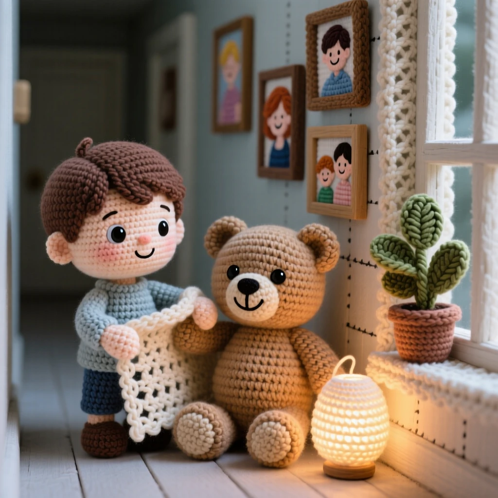 a small boy tucking in his teddy bear, with a soft nightlight glowing nearby, pulling a tiny blanket over the toy, in a quiet hallway lined with family photos, with a small potted plant on the windowsill nearby, radiating quiet satisfaction in a small task well done.