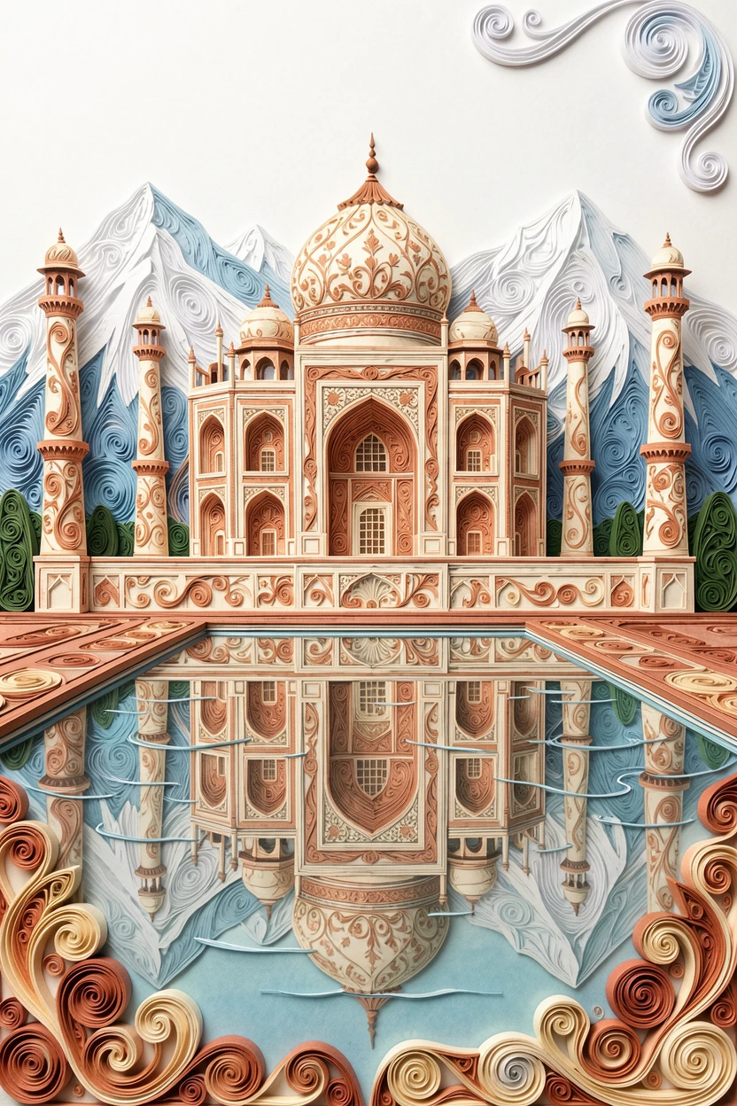 the Taj Mahal reflected perfectly in its still pool, framed by distant snow-capped mountains, framed with a dramatic wide-angle perspective, in warm terracotta and cream architectural tones.