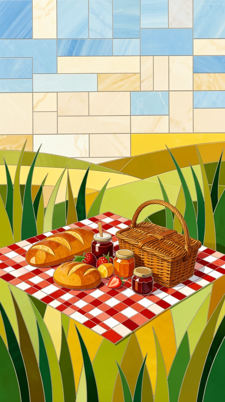 A rustic picnic spread on a checkered blanket in a sunny meadow, with soft warm lighting and an inviting, peaceful atmosphere.