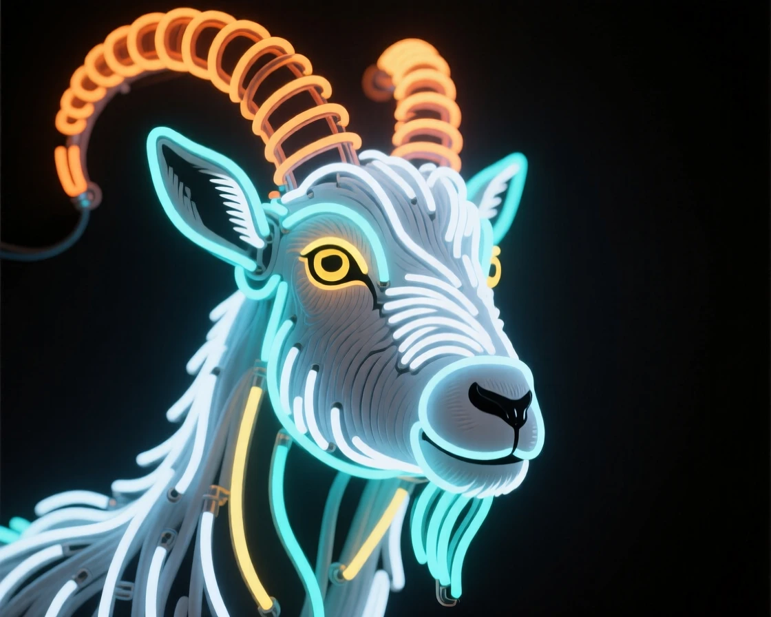 A close-up portrait of a mountain goat with a curious, alert expression.