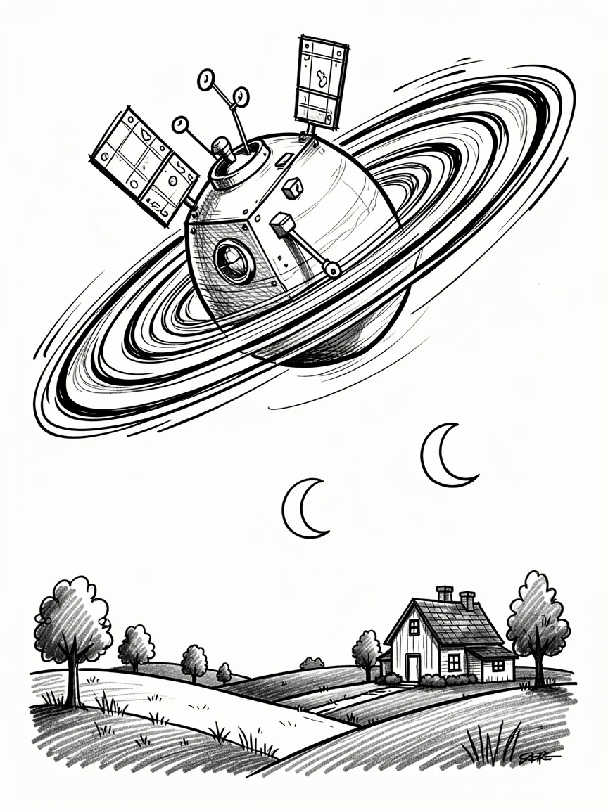 A satellite drifting past Saturn's rings above a quiet countryside at midnight.