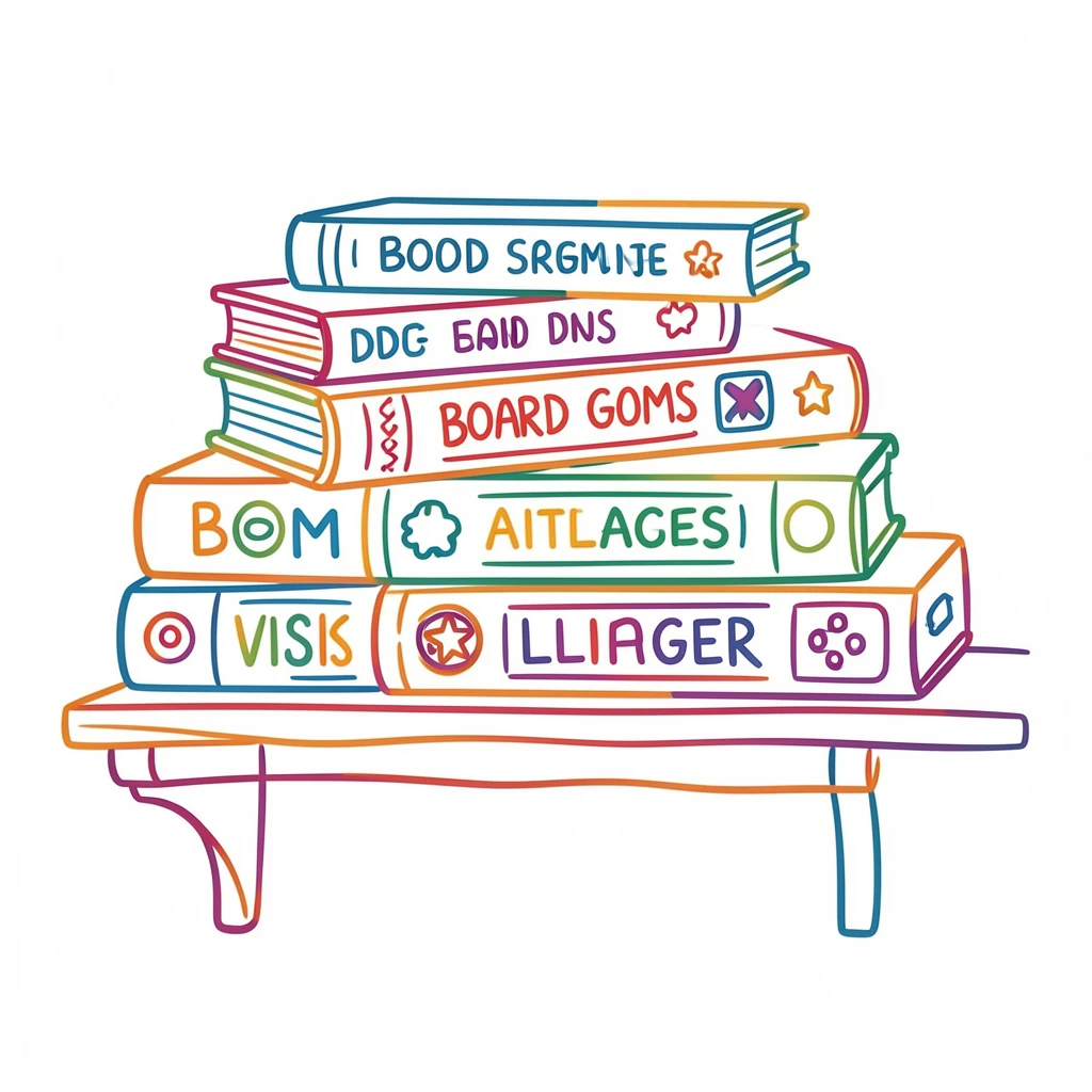 A collection of vintage board games stacked on a shelf.