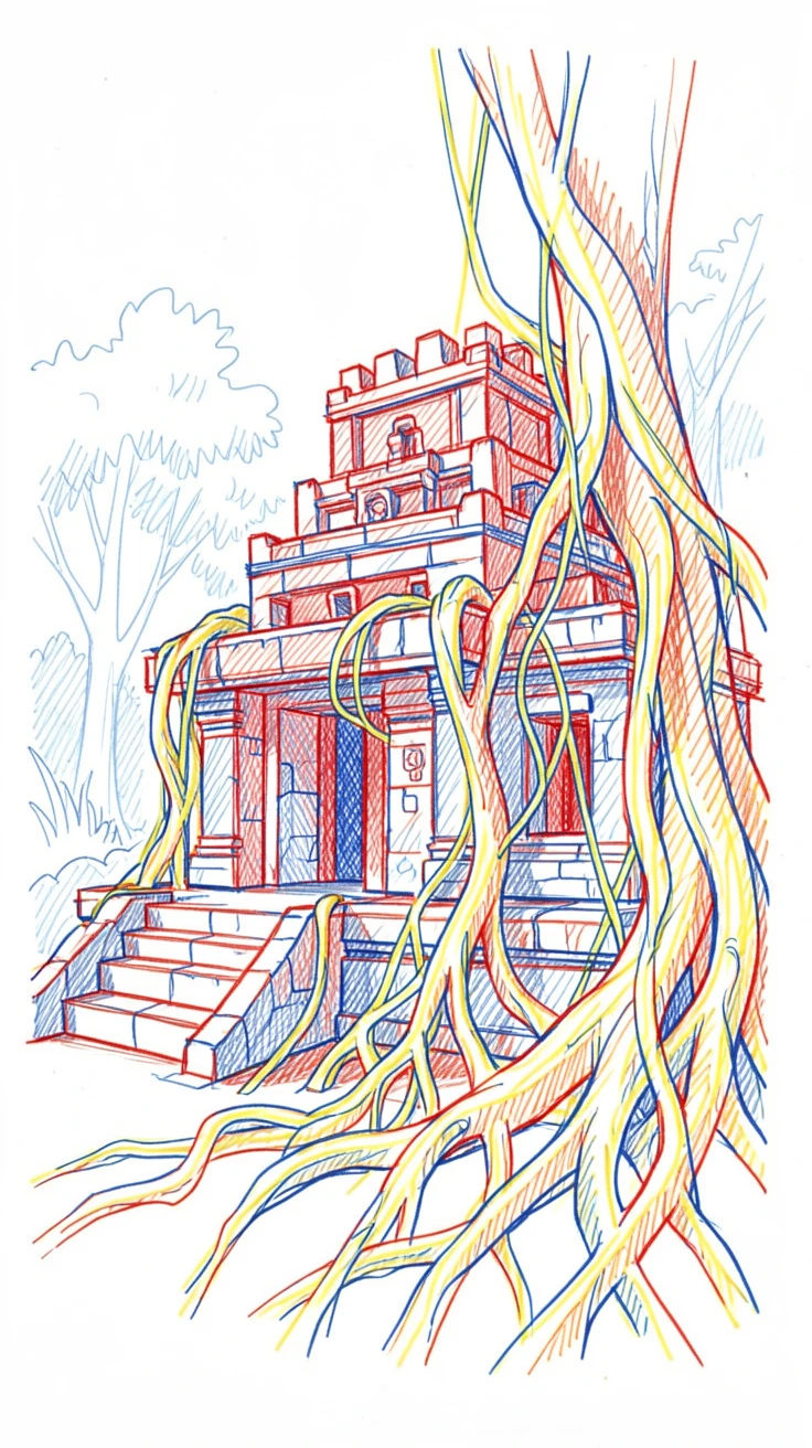 An ancient jungle temple complex wrapped in creeping tree roots