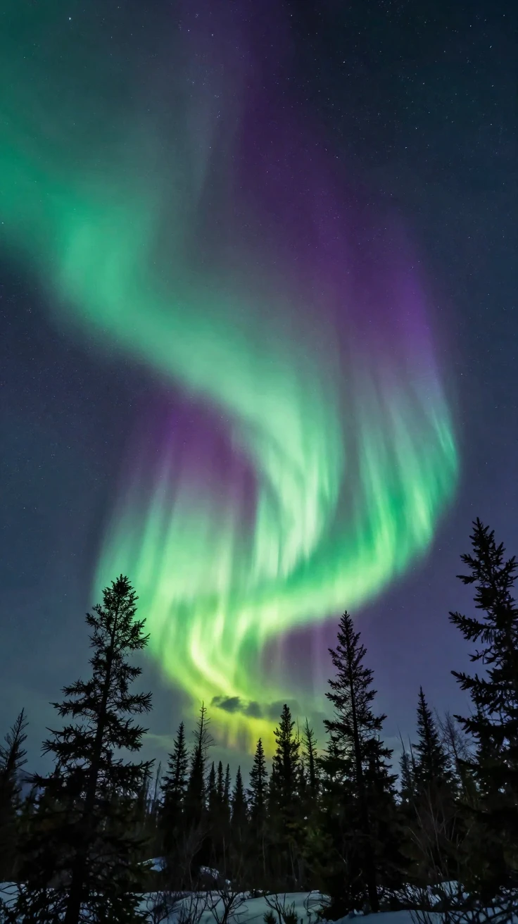 A dramatic aurora borealis rippling in green and purple